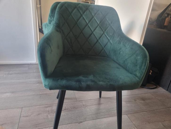 2x Moderne fluwelen eetkamerstoelen – donkergroen, Huis en Inrichting, Stoelen, Zo goed als nieuw, Stof, Overige kleuren, Ophalen of Verzenden