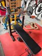 Halterbank, diverse halterstangen, dumdells en gewichten, Ophalen, Zo goed als nieuw, Fitnessbank