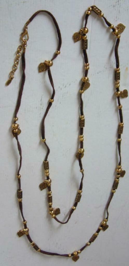 Ketting Duurzaam van Leer met Messing Kralen en Hartjes, Sieraden, Tassen en Uiterlijk, Kettingen, Zo goed als nieuw, Overige materialen