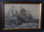 Tekening Visser en vissersvrouwen in duinen sign. J v Zanten, Antiek en Kunst, Ophalen of Verzenden