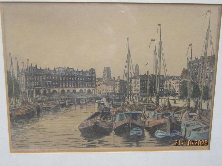 PLAN C, Oud Rotterd,Oudehavenkade Ets v Marius Janssen, Antiek en Kunst, Kunst | Etsen en Gravures, Ophalen