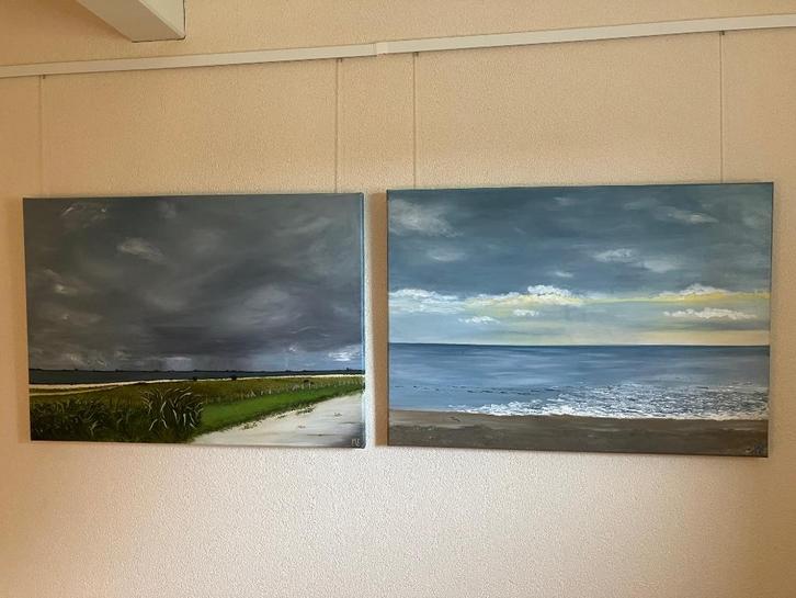 Olieverf schilderijen, voor en na de bui., Antiek en Kunst, Kunst | Schilderijen | Modern, Ophalen of Verzenden