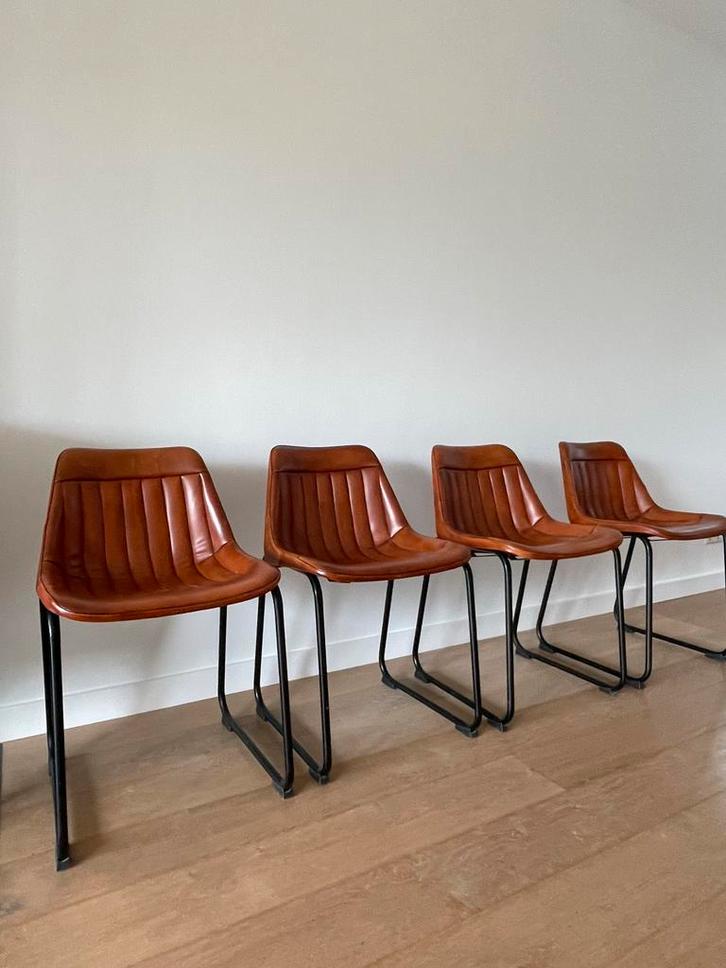 Leren kuipjes - Eetkamerstoelen - Set van 4, Huis en Inrichting, Stoelen, Zo goed als nieuw, Vier, Leer, Bruin, Ophalen