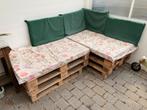 Lounge bank van pallets inclusief kussens, Tuin en Terras, Tuinsets en Loungesets, Ophalen, 4 zitplaatsen, Zo goed als nieuw, Loungeset