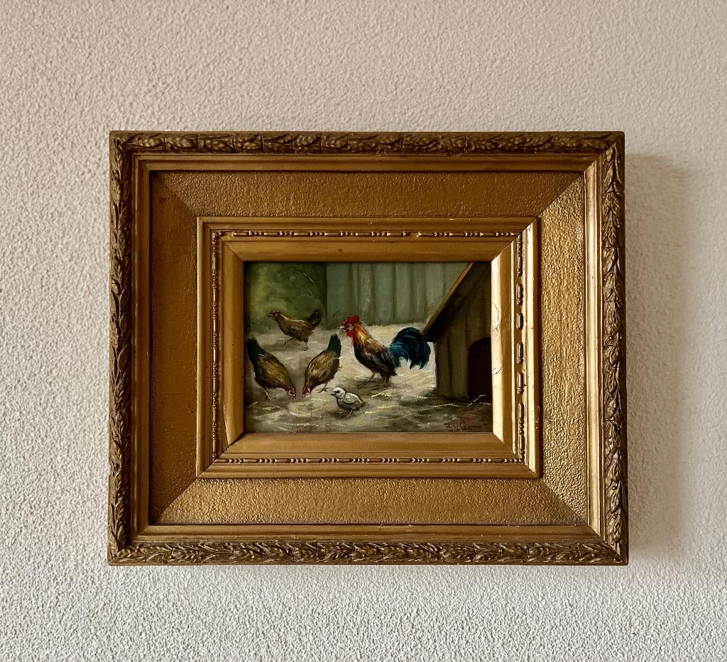 Schilderij haan met kippen op paneel.