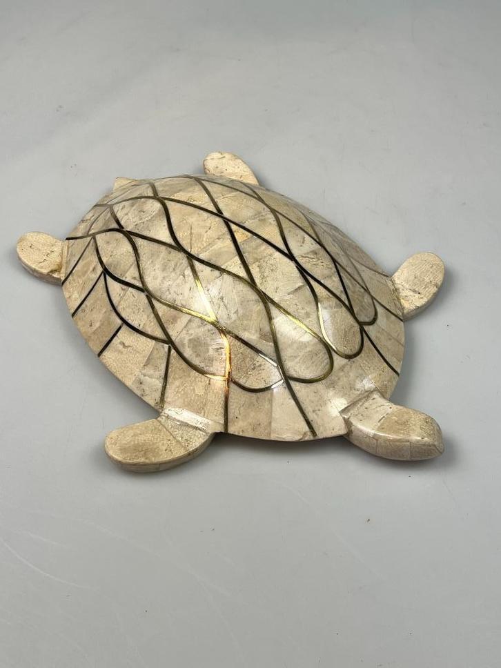 Vintage Travertin Schildpad, Ingelegd Met Messing. 1980's, Huis en Inrichting, Woonaccessoires | Overige, Gebruikt, Ophalen of Verzenden