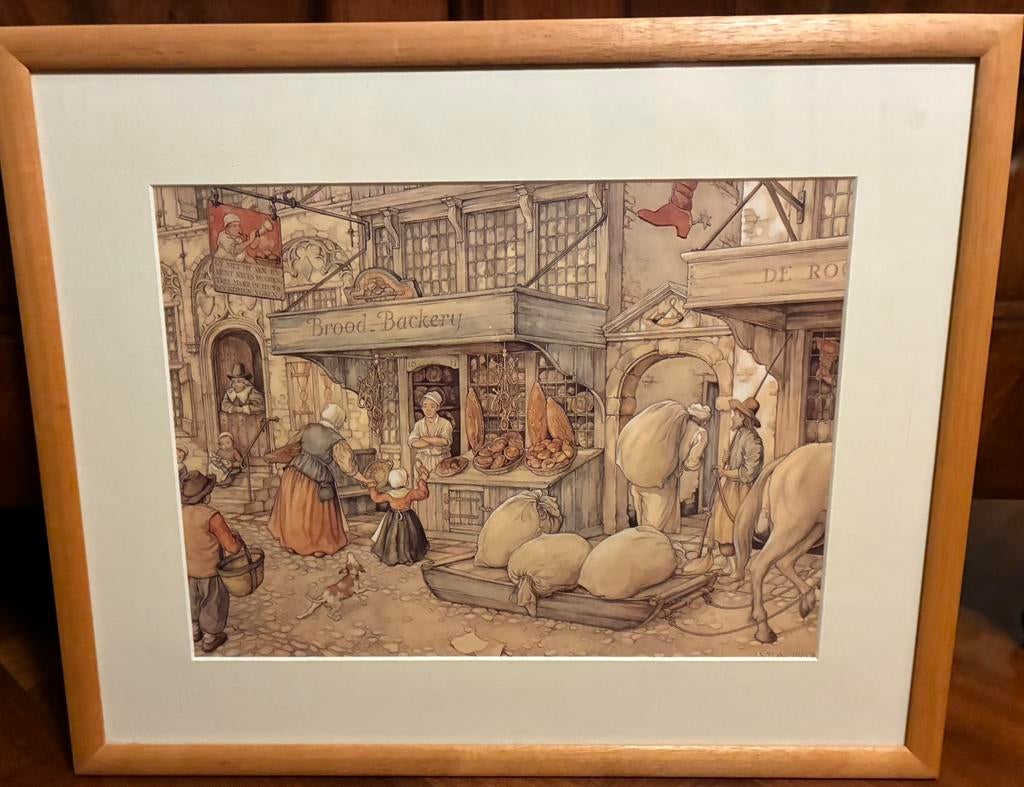 Mooi schilderij met een originele Anton Pieck Plaat., 1980 tot heden, Ophalen of Verzenden, Zo goed als nieuw, Prent