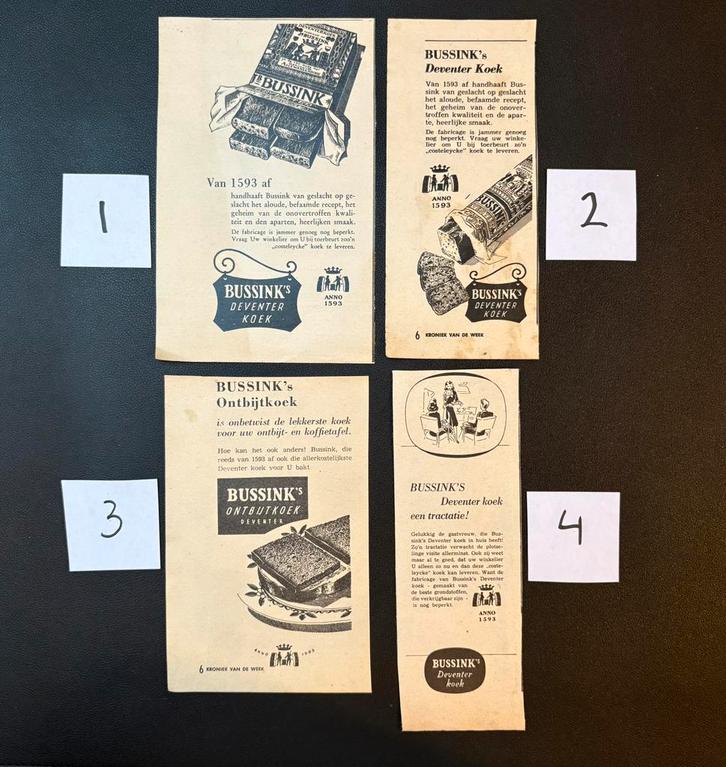4 advertenties ‘Bussink’s ontbijtkoek’ (1947-1948), Verzamelen, Tijdschriften, Kranten en Knipsels, Knipsel(s), 1940 tot 1960