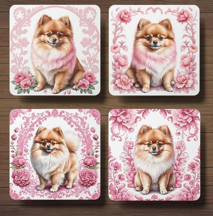 Pomeranian Delfts Roze onderzetters met houder, Huis en Inrichting, Woonaccessoires | Onderzetters, Nieuw, Glas of Kopje, Ophalen of Verzenden