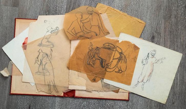 A493-70 Oude tekeningen Map met schetsen, Antiek en Kunst, Kunst | Etsen en Gravures, Ophalen of Verzenden