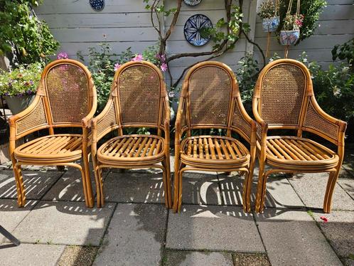 Set van 4 vintage jaren 80 rotan / bamboe eetkamerstoelen, Huis en Inrichting, Stoelen, Gebruikt, Vier, Hout, Leer, Riet of Rotan