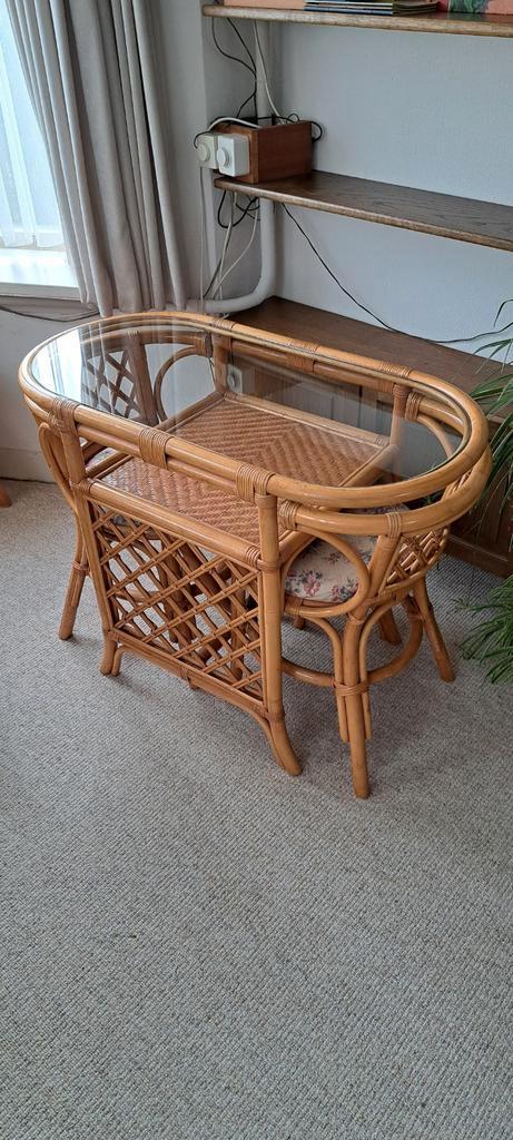 Rotan tafelsetje met twee stoelen, Huis en Inrichting, Tafels | Salontafels, Gebruikt, 75 cm of meer, 50 tot 100 cm, 50 tot 100 cm