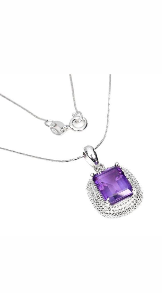 Zilveren hals ketting met natuurlijke amethist, Sieraden, Tassen en Uiterlijk, Kettingen, Nieuw, Zilver, Zilver, Met hanger, Ophalen of Verzenden
