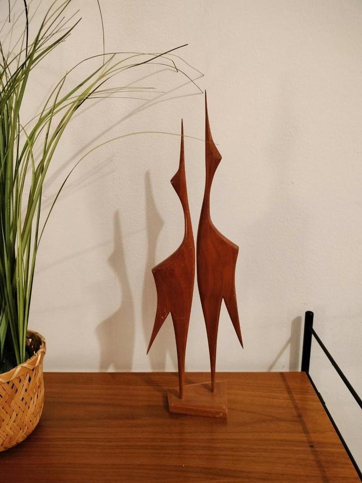 Vintage houten beeld dubbele kraanvogels, Antiek en Kunst, Kunst | Designobjecten, Ophalen