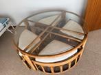 Rotan salontafel met 4 krukjes, Huis en Inrichting, Gebruikt, 100 tot 150 cm, 50 tot 75 cm, Rond