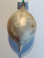 oude kerstbal satijn wit met gouden sterren druppelvorm H 10, Diversen, Kerst, Gebruikt, Ophalen of Verzenden