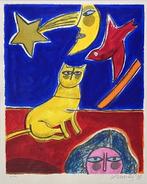 Zeefdruk, Corneille, 1998 – kat, maan, vogel en vrouw, Antiek en Kunst, Kunst | Schilderijen | Modern, Ophalen of Verzenden