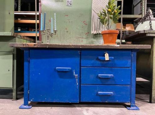 Unieke blauwe industriële werkbank, Antiek en Kunst, Curiosa en Brocante, Ophalen