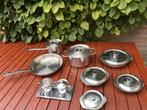 RVS Pannenset + schalen met deksel, suiker + melk setje, Ophalen, Gebruikt