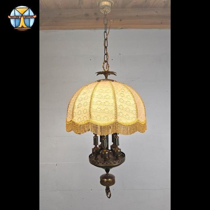 Vintage Barok messing kroonluchter stoffen kap hanglamp, Huis en Inrichting, Lampen | Kroonluchters, Zo goed als nieuw, Metaal