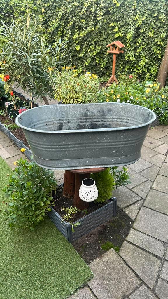 Zinken kuip / teil, Tuin en Terras, Bloembakken en Plantenbakken, Zo goed als nieuw, Metaal, Rond, Ophalen of Verzenden