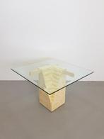 Vintage salontafel travertin messing glas Regency ’70s, Huis en Inrichting, Tafels | Salontafels, 100 tot 150 cm, N, Glas, Vierkant