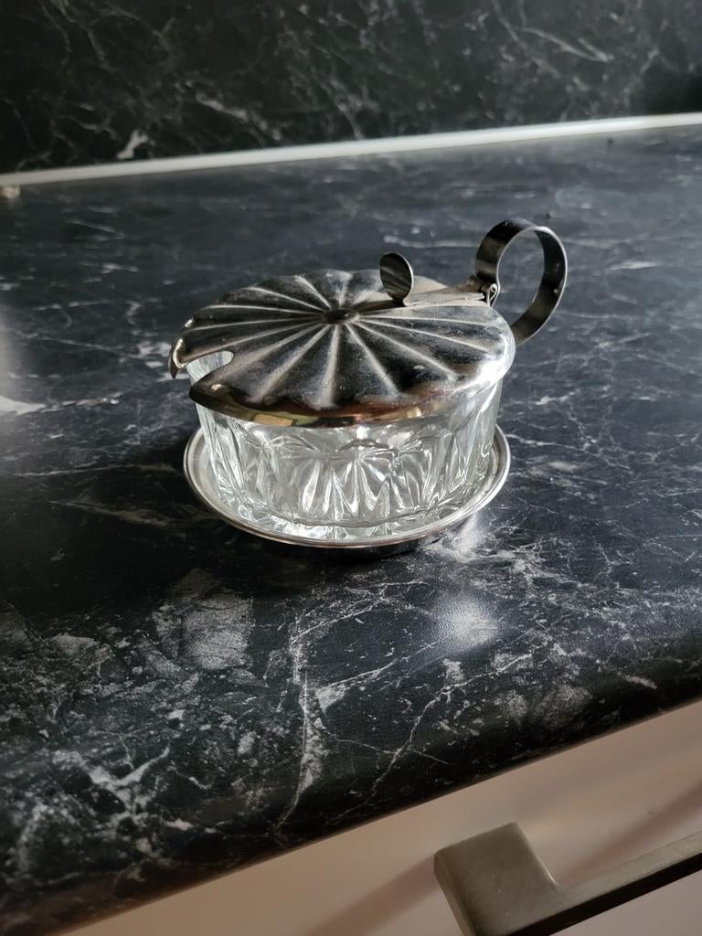 Antieke glazen jam pot met zilveren deksel, Antiek en Kunst, Ophalen of Verzenden