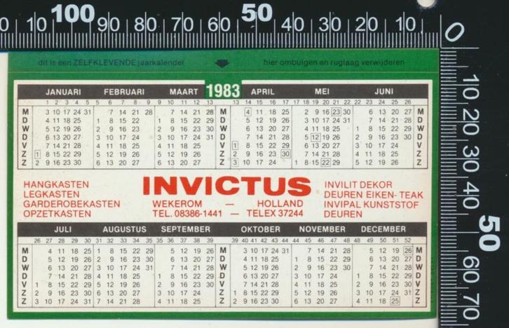 Sticker: Invictus Hangkasten - Jaarkalender 1983 - Wekerom, Verzamelen, Stickers, Zo goed als nieuw, Bedrijf of Vereniging, Ophalen of Verzenden