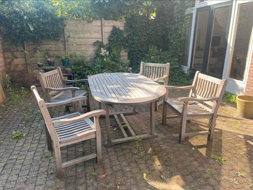Tuinset hardhouten tafel en 4 stoelen, Tuin en Terras, Tuinsets en Loungesets, Gebruikt, Tuinset, Hardhout, 4 zitplaatsen, Eettafel