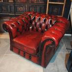 Chesterfield Clubfauteuil met Voetenbankje - Antiek Rood, Gebruikt, Eenpersoons, Leer, Ophalen of Verzenden