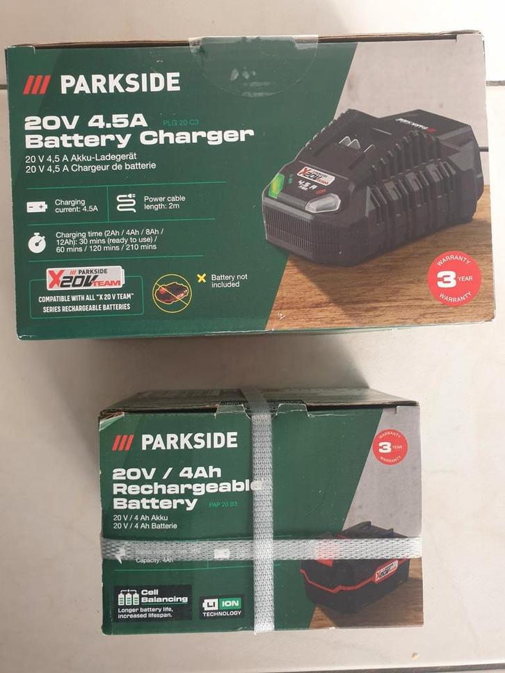 Parkside 20v 4ah accu en 4.5 a snel lader, Doe-het-zelf en Verbouw, Gereedschap | Machine-onderdelen en Toebehoren, Nieuw, Ophalen