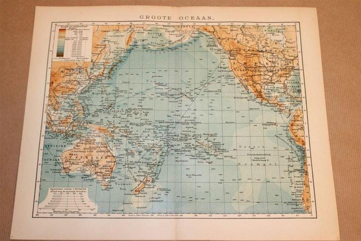 Antieke kaart - Stille Oceaan - Circa 1900, Boeken, Atlassen en Landkaarten, Zo goed als nieuw, Landkaart, Nederland, 1800 tot 2000