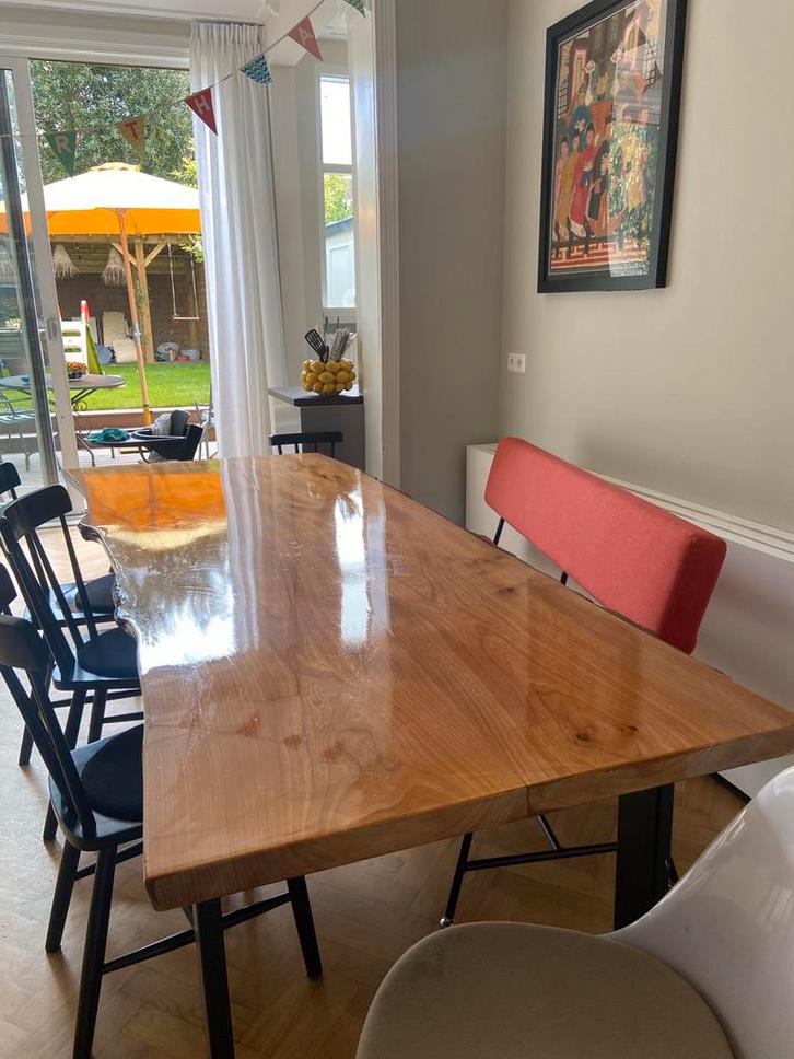 Eetkamertafel - Boomstam, Epoxy, Stalen Poten, Huis en Inrichting, Tafels | Eettafels, Gebruikt, 100 tot 150 cm, 200 cm of meer