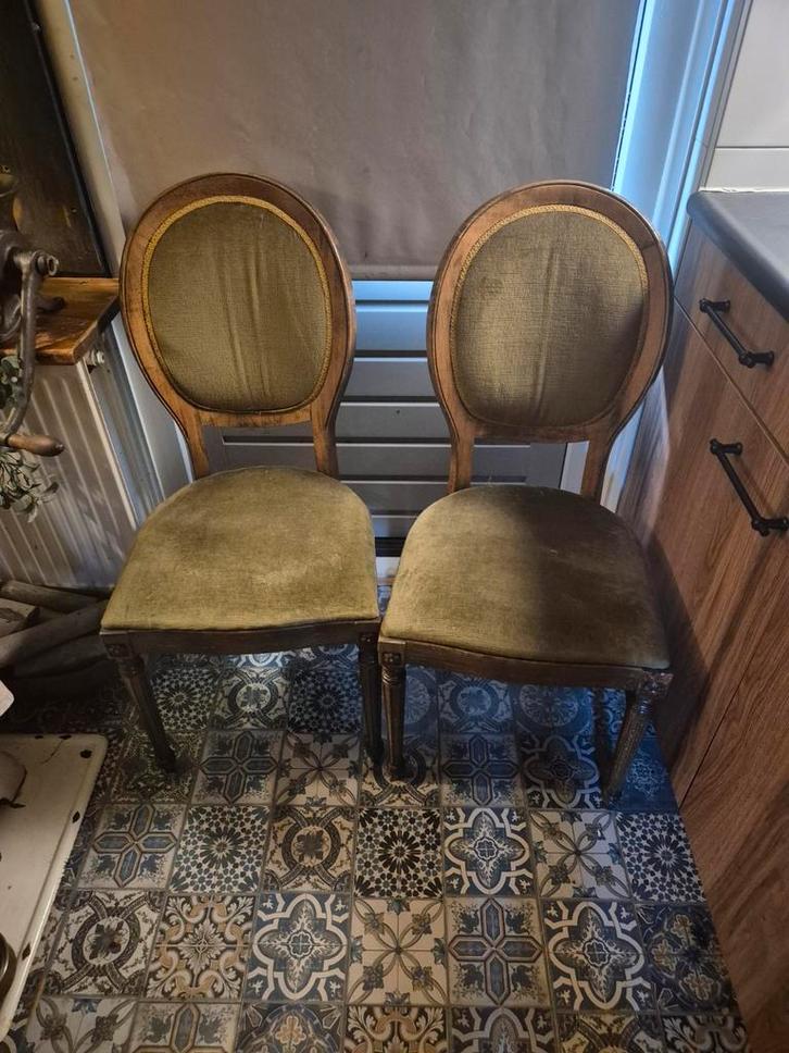 4 Barok Stoelen Olijfgroen - Klassiek, Huis en Inrichting, Stoelen, Gebruikt, Vier, Hout, Stof, Bruin, Ophalen