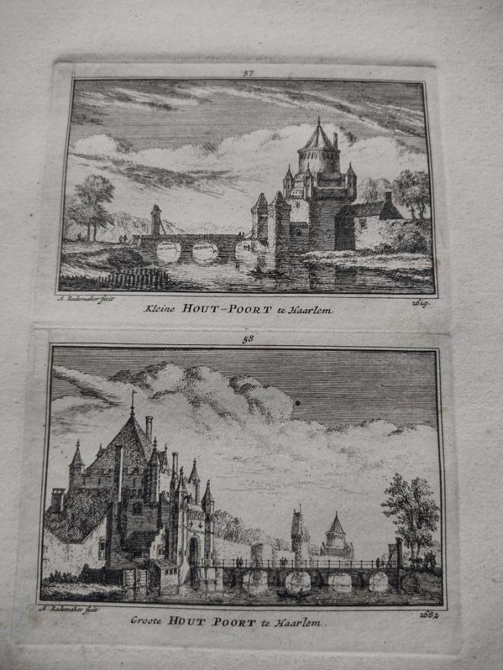 057/058 Haarlem Kleine en Grote Houtpoort Kopergravure dl 3, Antiek en Kunst, Kunst | Etsen en Gravures, Ophalen of Verzenden