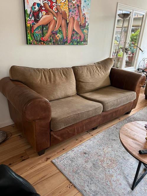 Bankstel leer met stof, Huis en Inrichting, Banken | Bankstellen, Gebruikt, 200 tot 250 cm, Minder dan 75 cm, Stof, Ophalen of Verzenden