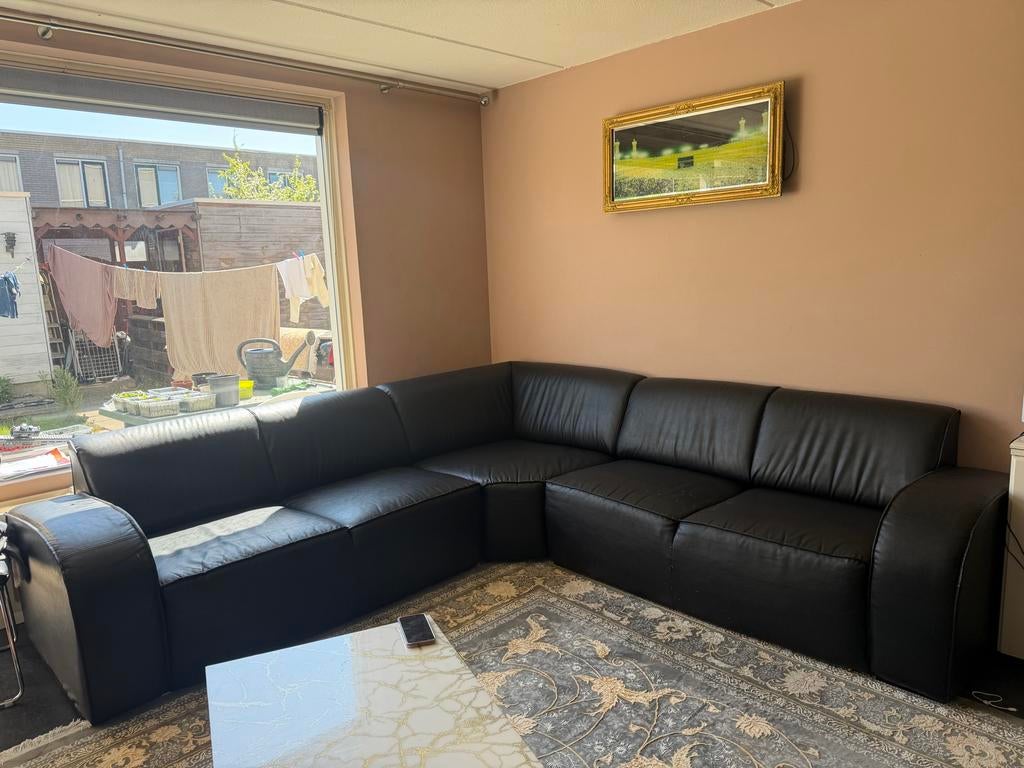 Zwarte Leren Hoekbank met Eet- en Salontafel, Ophalen, Gebruikt, 100 tot 125 cm, Hoekbank