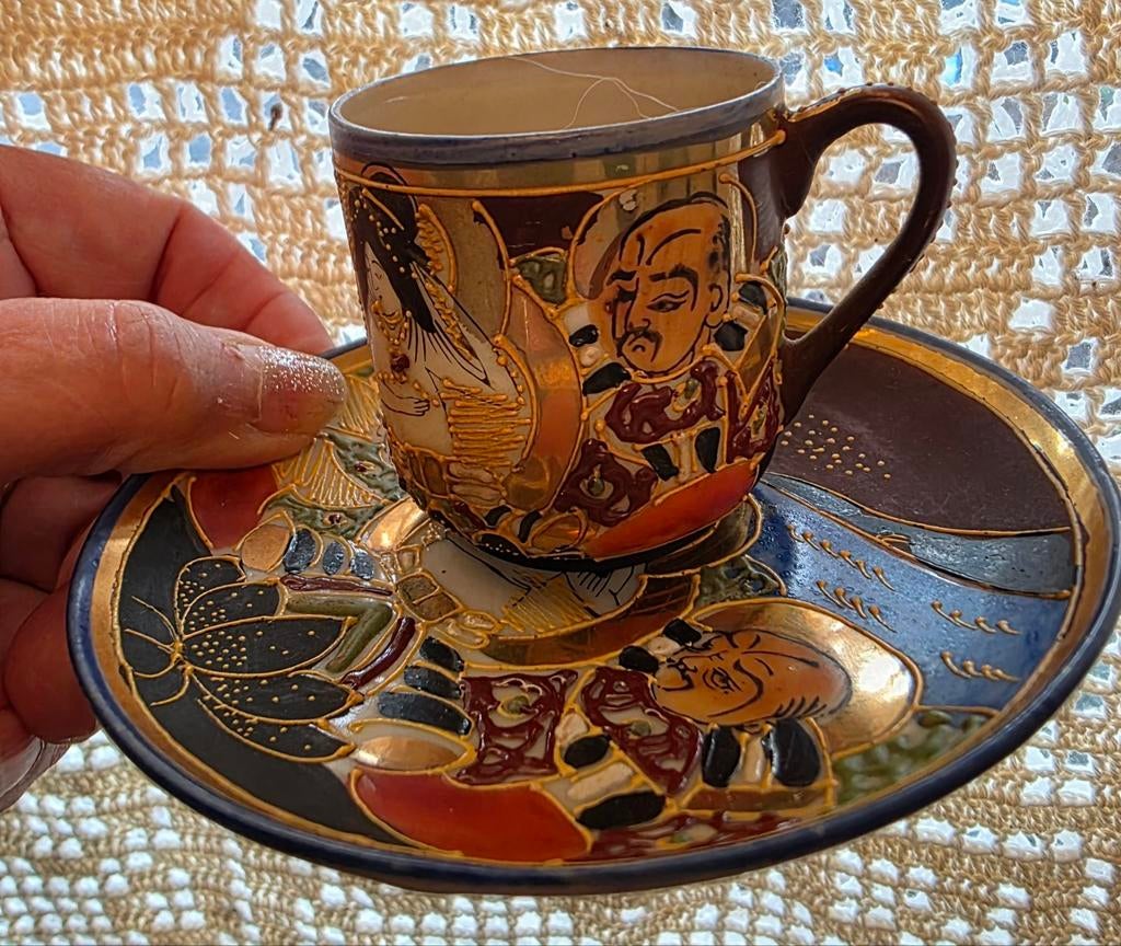 3x antiek Japans Satsuma kop met Schotel, Antiek en Kunst, Ophalen of Verzenden