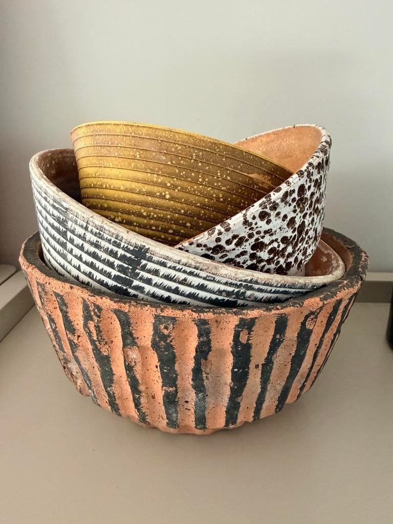 Set van 4 vintage bloempotten jaren 60, Tuin en Terras, Bloempotten, Gebruikt, Rond, Ophalen of Verzenden, Aardewerk