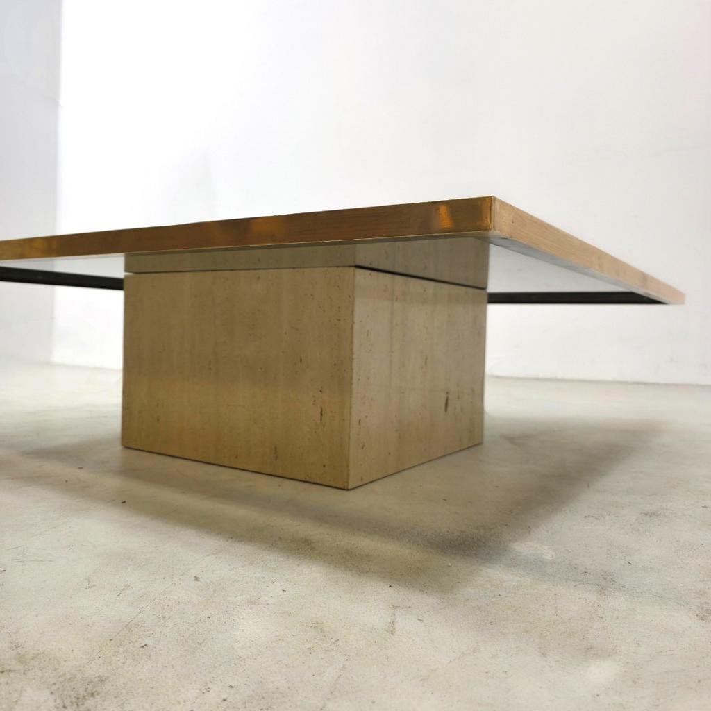 Design salontafel Georges Mathias travertin messing glas 70s, Ophalen, 100 tot 150 cm, 50 tot 100 cm, Glas