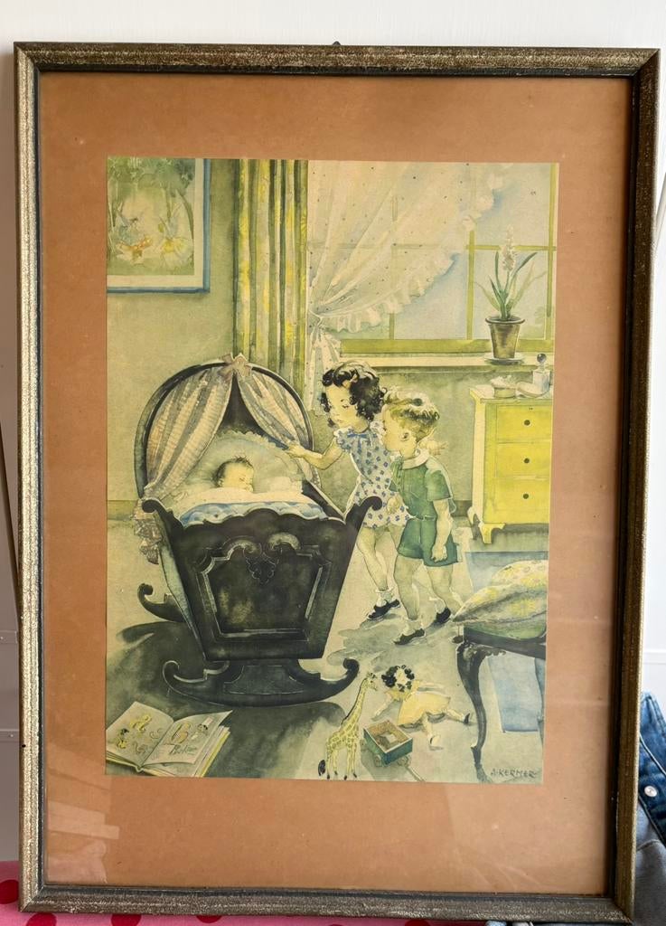 A Kermer lithografie schilderij prent baby wieg kinderen, Antiek en Kunst, Ophalen