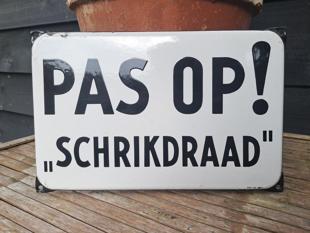 Emaille reclamebord emaille reclame schrikdraad, Verzenden, Gebruikt, Reclamebord