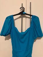 Turquoise geplooide jurk met pofmouwen maat m, Blauw, Ophalen of Verzenden, Zo goed als nieuw, Maat 36 (S)