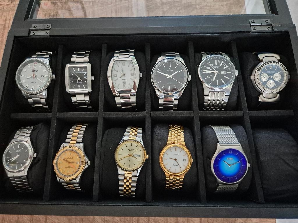 Kist met 11 heren horloge, Ophalen, Zo goed als nieuw, Staal, Overige merken