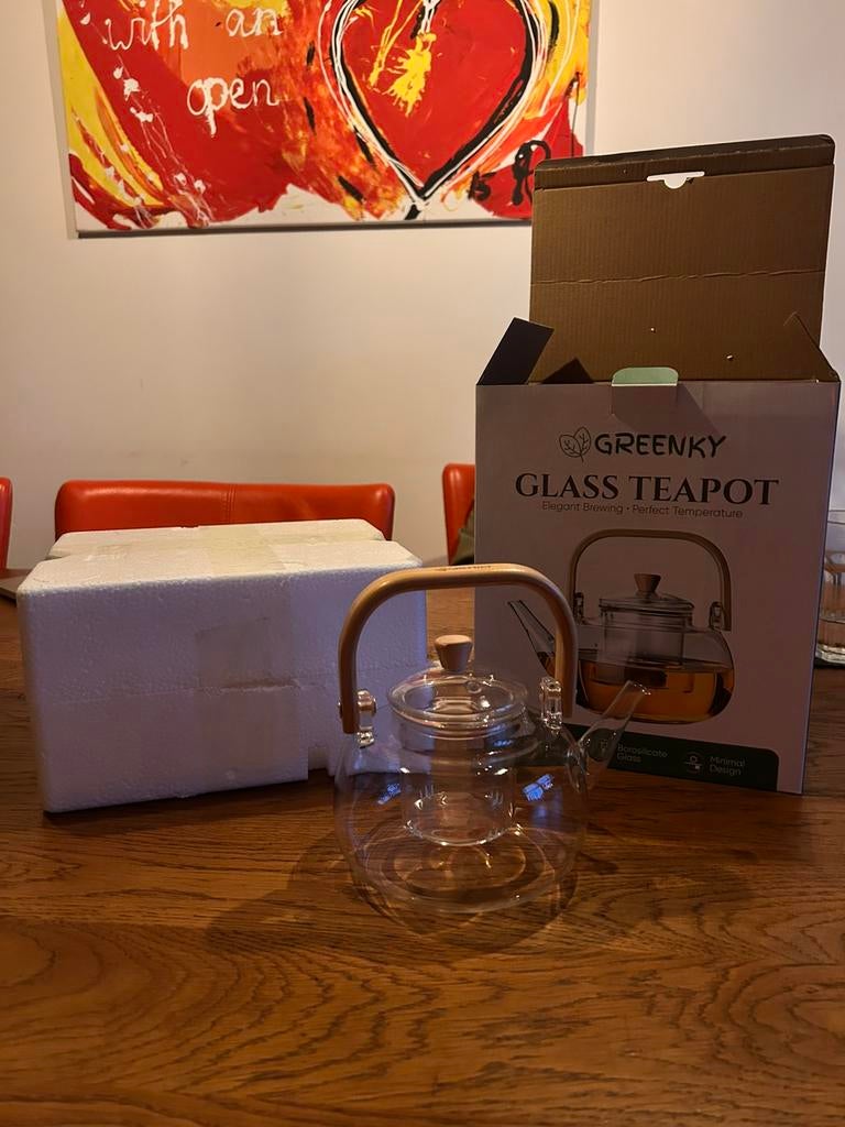 Nieuwe glazen theepot met bamboe hengsel, Ophalen of Verzenden, Nieuw