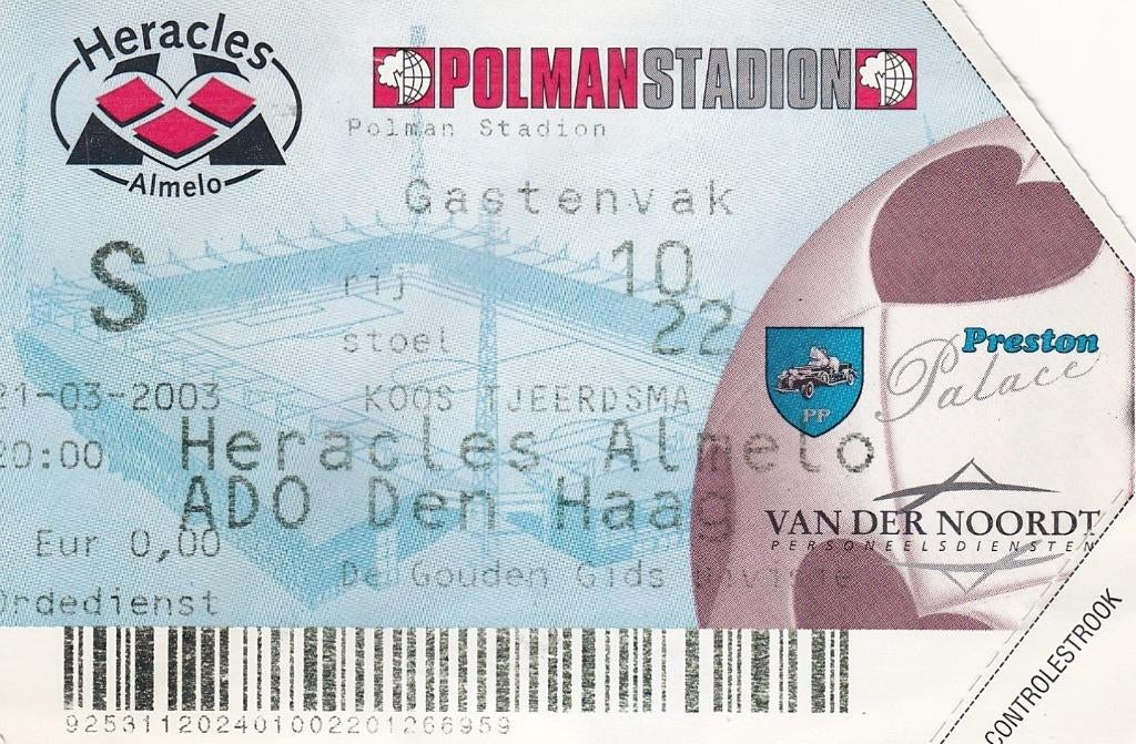 Ticket: Heracles Almelo v ADO Den Haag 21-03-2003, Verzenden, Gebruikt, Overige binnenlandse clubs, Overige typen