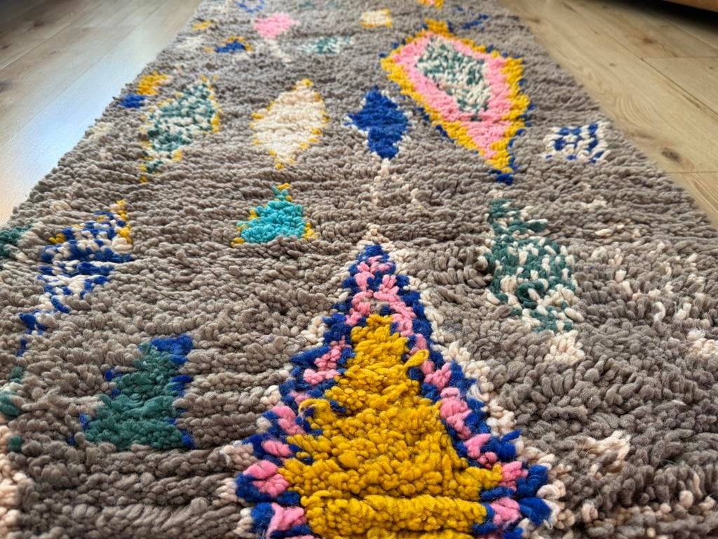 Vintage Marokkaanse loper 309 x 83 cm wol, Berber tapijt, Info@bababoho.com, Groen, Zo goed als nieuw, Rechthoekig