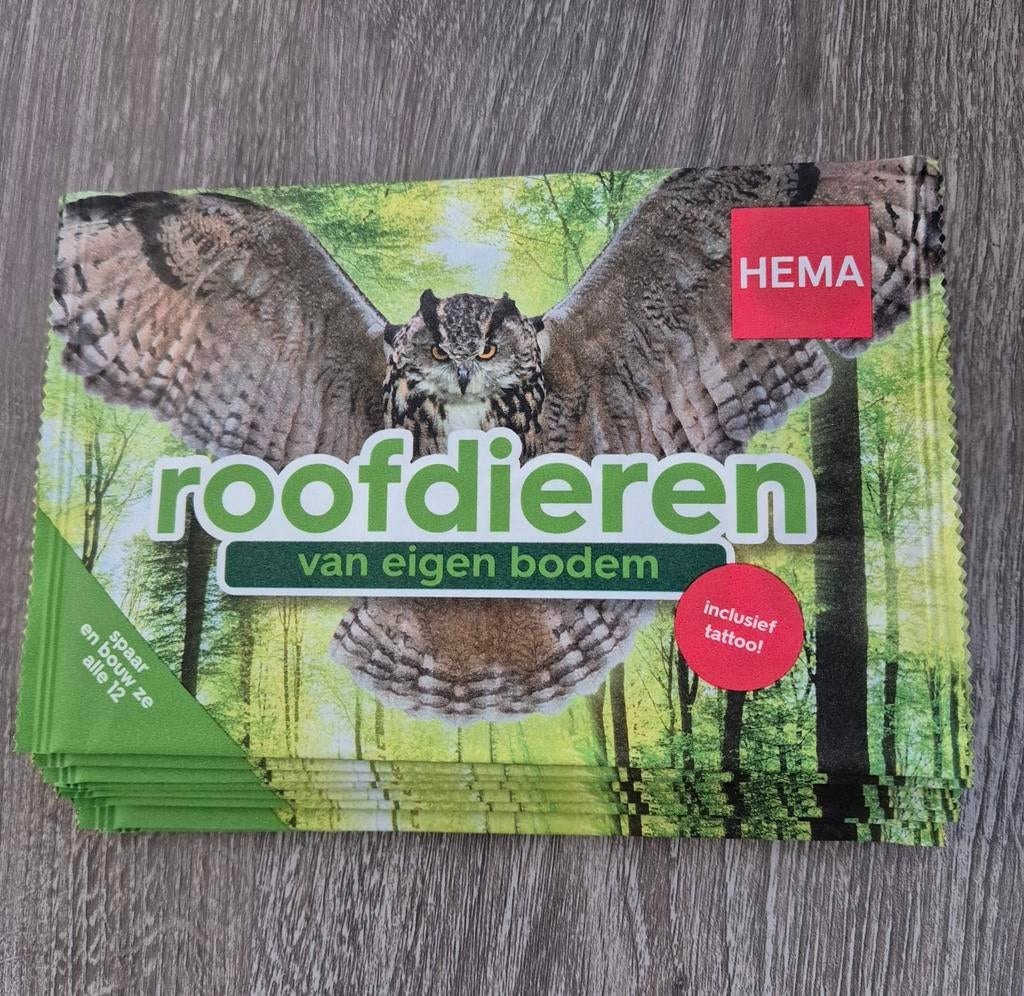 Hema roofdieren bouwpakketjes, complete serie en tattoos(12), Albert Heijn, Verzenden