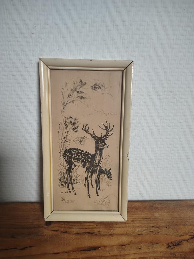 Vintage ingelijste tekening van herten - gesigneerd, Antiek en Kunst, Kunst | Tekeningen en Foto's, Ophalen of Verzenden