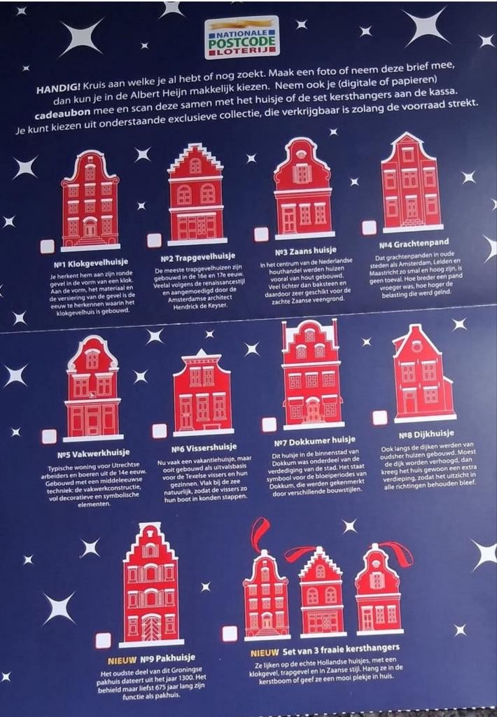 AH Postcode Loterij Kersthuisjes gezocht gratis, Diversen, Kerst, Ophalen of Verzenden